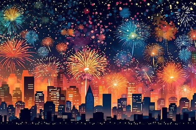 Beautiful firework show with cityscape at night for celebration happy new year Firework display