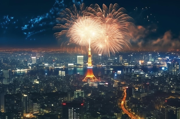 Beautiful firework show with cityscape at night for celebration happy new year firework display