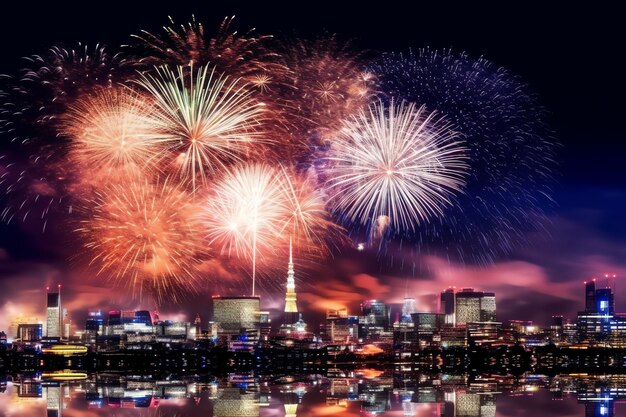 Beautiful firework show with cityscape at night for celebration happy new year Firework display