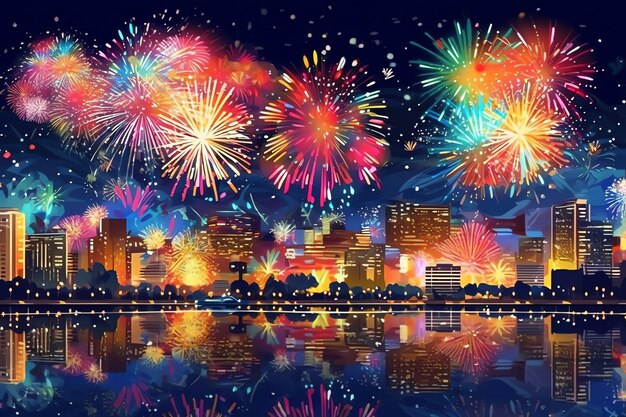 Beautiful firework show with cityscape at night for celebration happy new year Firework display