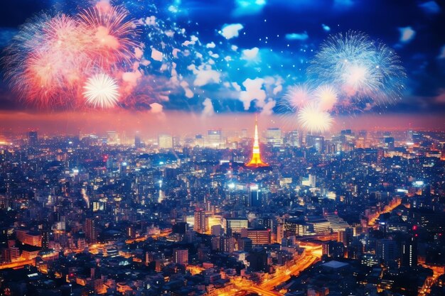 Beautiful firework show with cityscape at night for celebration happy new year firework display