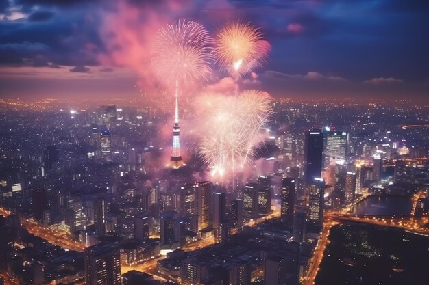 Beautiful firework show with cityscape at night for celebration happy new year firework display