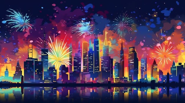 Beautiful firework show with cityscape at night for celebration happy new year firework display