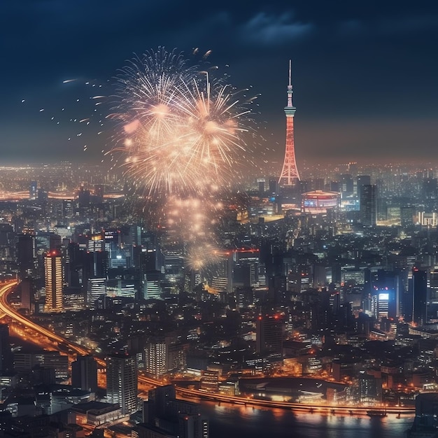 新年を祝うために夜に都市風景の美しい花火ショー 花火ショー