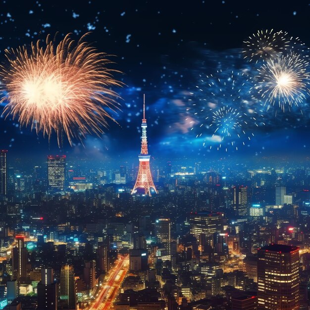 Beautiful firework show with cityscape at night for celebration happy new year Firework display