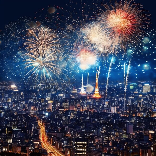 新年を祝うために夜に都市風景の美しい花火ショー 花火ショー