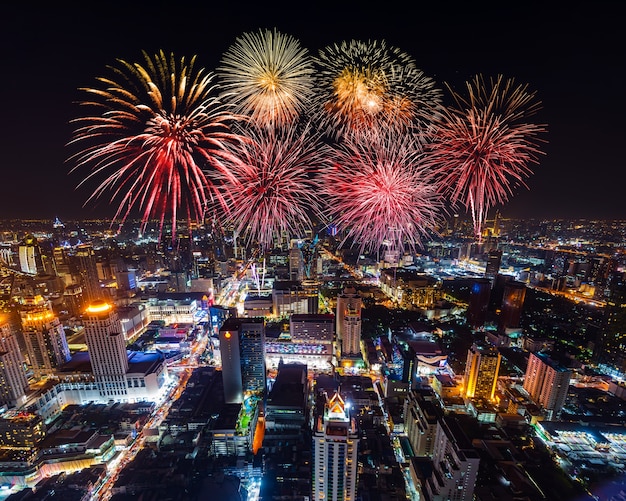 Beautiful Fireworks celebrating over Bangkok cityscape at night, Thailand