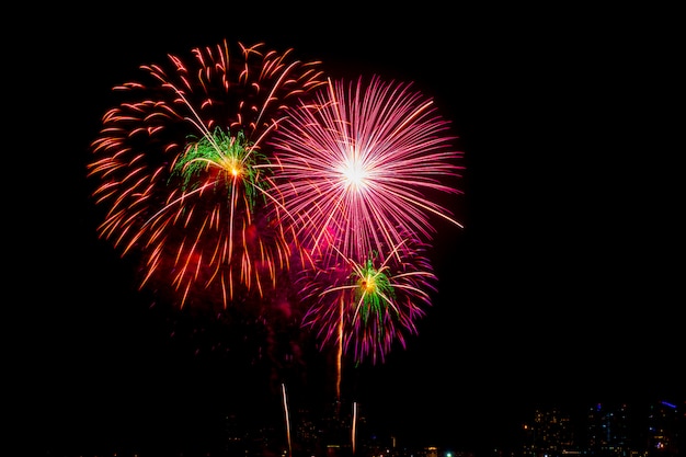 Beautiful fireworks display on the sea beach, Amazing holiday fireworks party