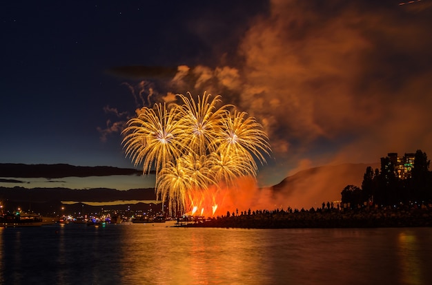 Beautiful fireworks at English Bay Beach at night in Vancouver Canada