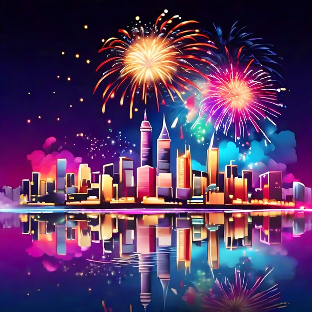 Beautiful fireworks reflected in a city skyline happy new years celebrating ai generate image