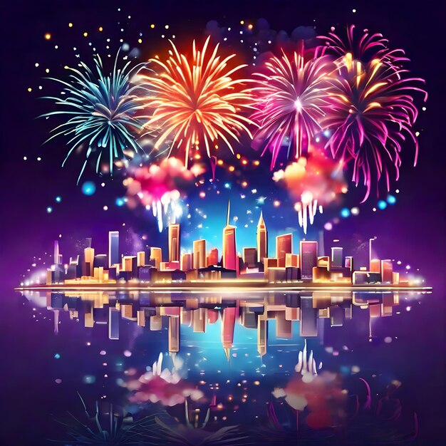 Beautiful fireworks reflected in a city skyline happy new years celebrating ai generate image