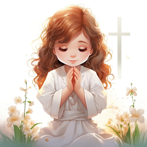 Beautiful First Communion cute cartoon children Children's book illustration white background