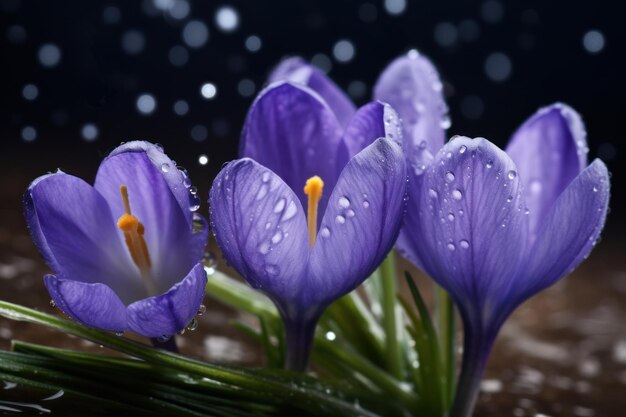 Photo beautiful first spring blue crocuses with dew drops in the garden on dark blurred background