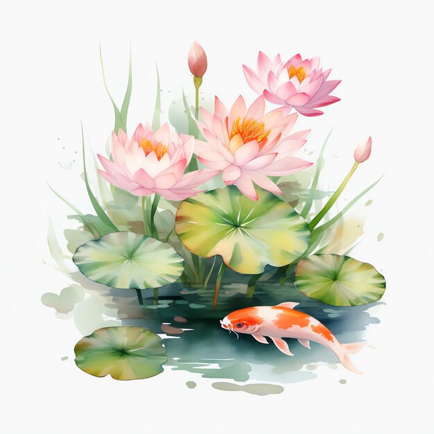 beautiful fish Lily Pond clipart illustration