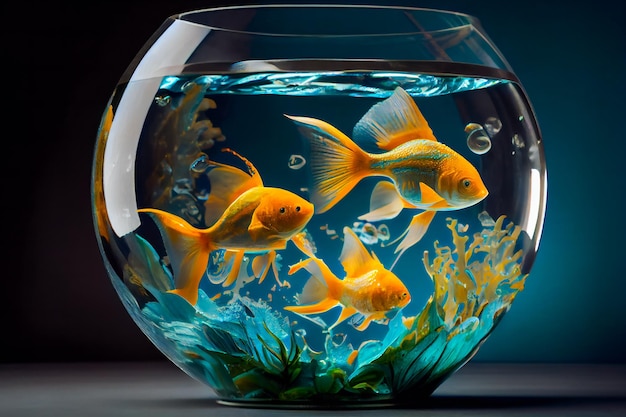 Foto bellissimi pesci in un acquario di vetro rotondo pesci che nuotano nell'acquario generativo aixa