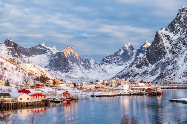 Beautiful fishing village in snow valley on winter
