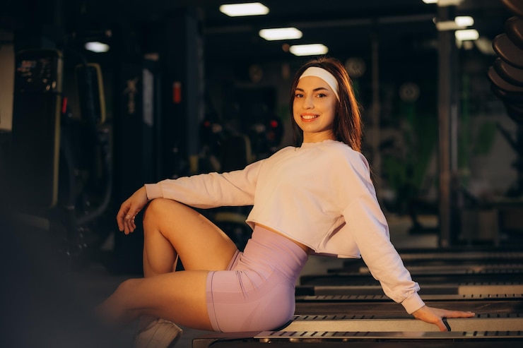 Photo beautiful fit woman in sportswear sitting down on treadmill at gym