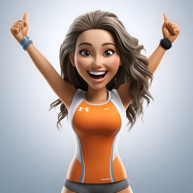 Beautiful fitness woman in orange sportswear showing thumbs up