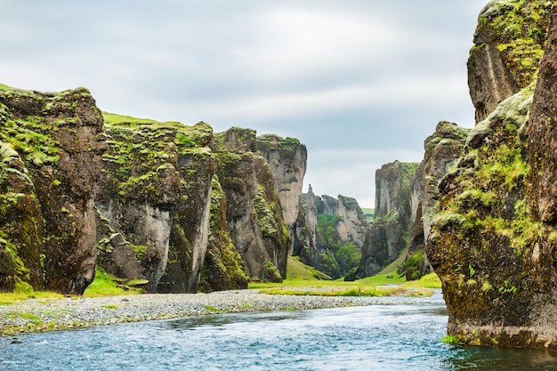 Beautiful Fjadrargljufur canyon with river and big rocks. Southern Iceland