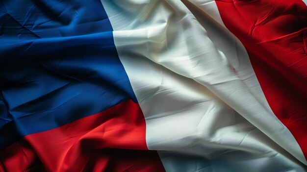 Красивый флаг Франции с шелковистой текстурой, складки флага мягкие и свободные, а цвета яркие и богатые.