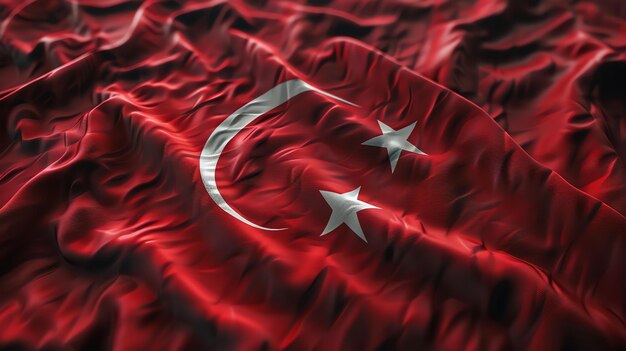 Photo a beautiful flag of turkey the flag is red with a white crescent moon and star the flag is waving in the wind the image is detailed and realistic
