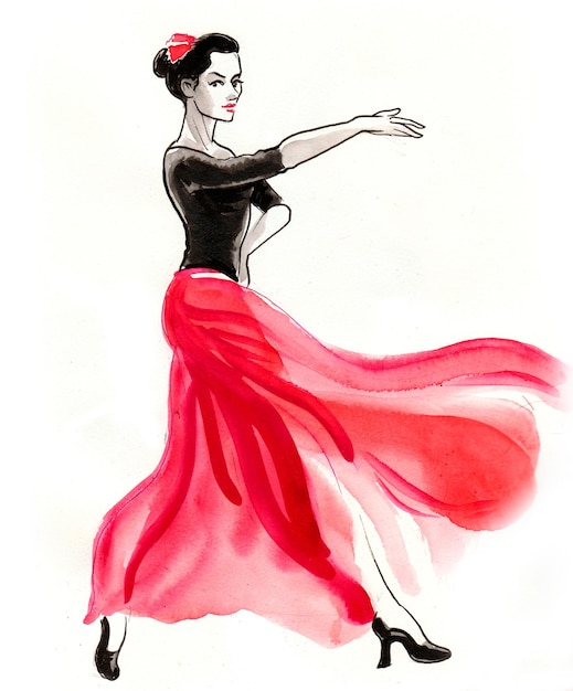 Beautiful Flamenco dancer. Ink and watercolor drawing