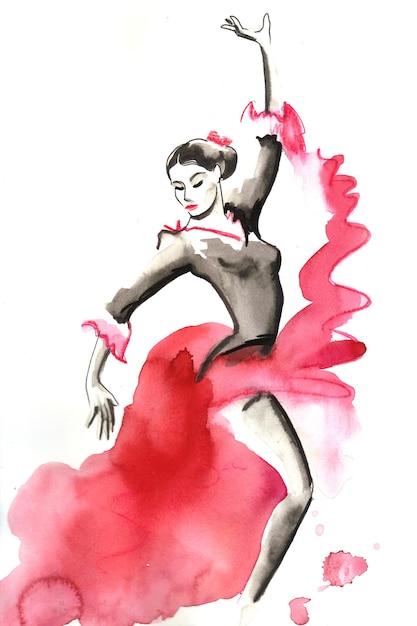 Beautiful Flamenco dancer. Ink and watercolor drawing