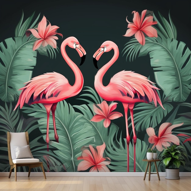 Beautiful flamingo with tropical leaves wall living room wallpaper AI Generated art