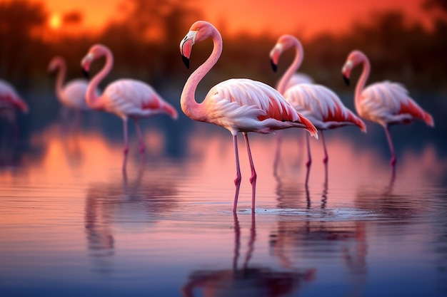 Beautiful flamingos in lake