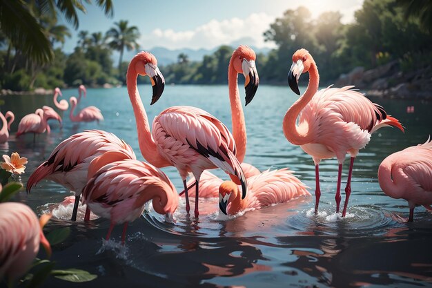 Beautiful flamingos in lake