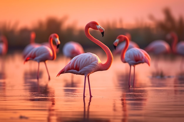 Beautiful flamingos in lake