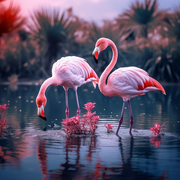 Beautiful flamingos in lake