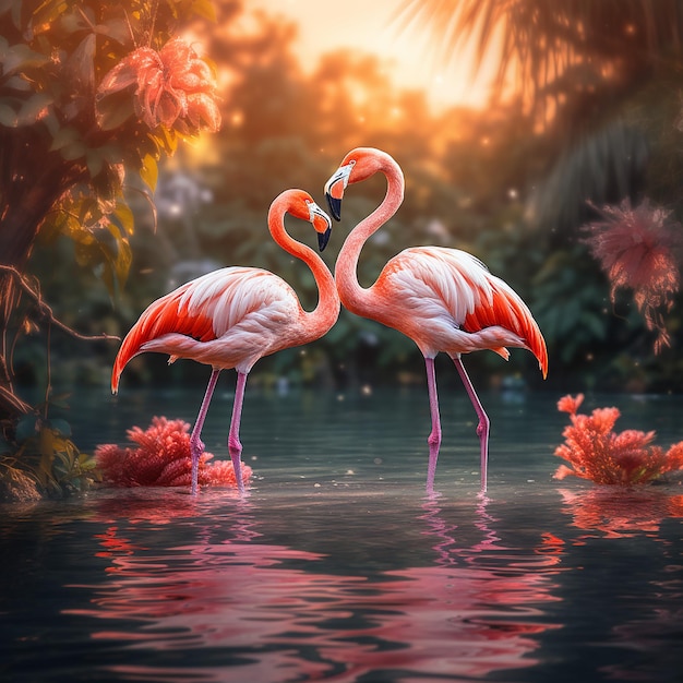 Beautiful flamingos in lake