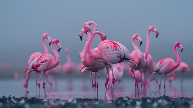 Beautiful flamingos walking in the water