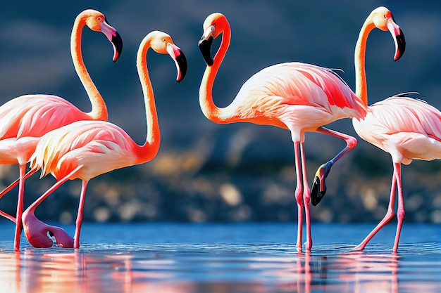 분홍색 깃털을 가진 아름다운 플라밍고는 태양 3D 그림의 광선 아래 호수의 푸른 물에 서 있습니다