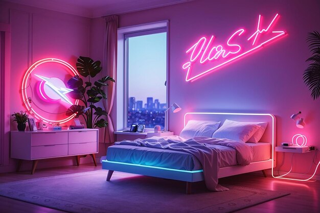 Photo beautiful flash neon sign in bedroom