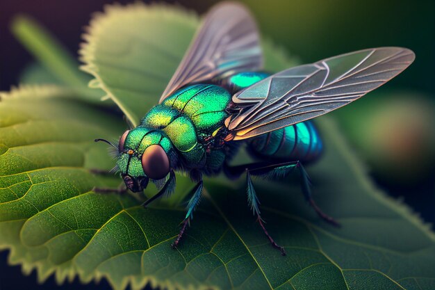 Beautiful flies green on leaves depth of field background created with generative ai