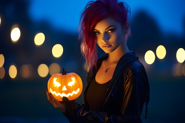 Прекрасная флиртующая модель готической девушки с светящейся тыквой Хэллоуина на фоне кладбища
