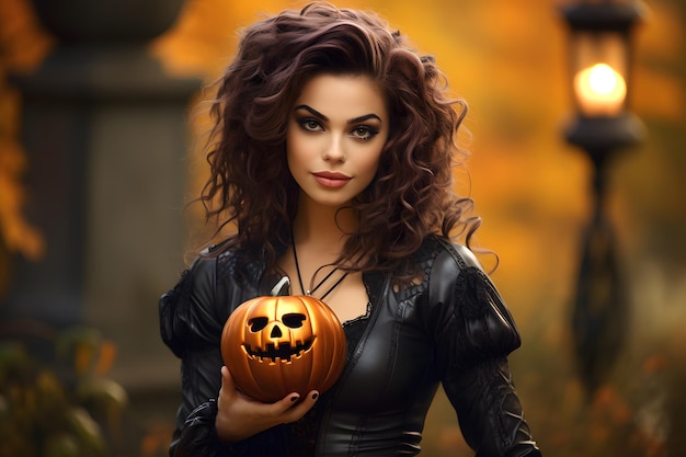 beautiful flirty model goth girl holding a halloween pumpkin on cemetery background