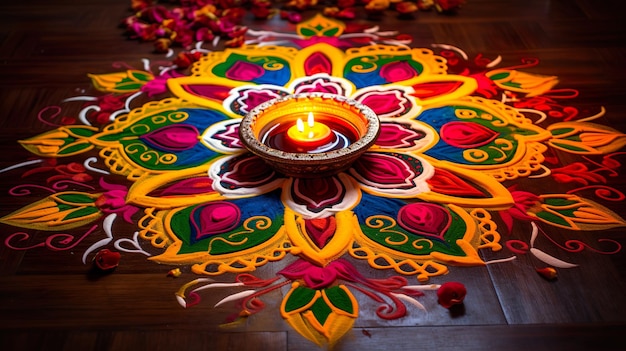 Красивое украшение пола на Дивали с Дией и Ранголи Празднование Дивали с огнями