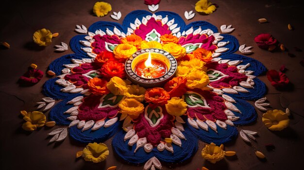 Beautiful Floor Decoration of Diwali with Diya and Rangoli Celebration of Diwali with lights