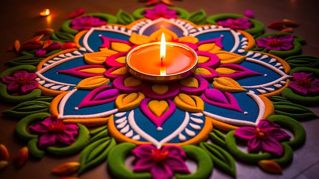 Beautiful Floor Decoration of Diwali with Diya and Rangoli Celebration of Diwali with lights