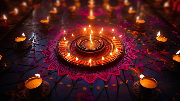 Beautiful Floor Decoration of Diwali with Diya and Rangoli Celebration of Diwali with lights