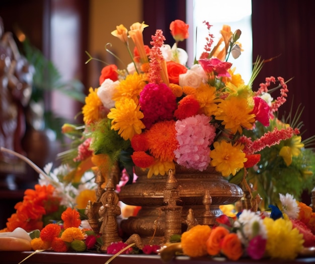 A beautiful floral arrangement atop a puja altar