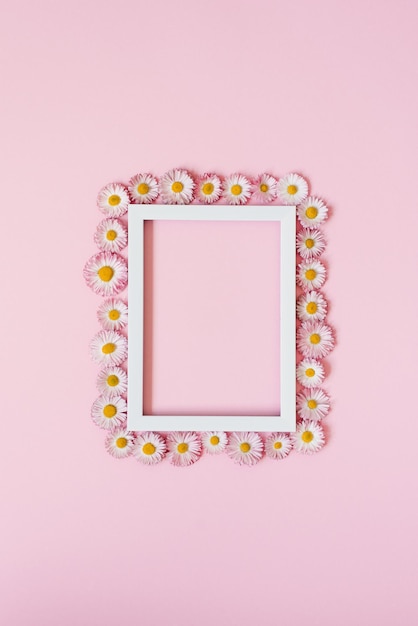 Beautiful floral arrangement An empty text frame daisy flowers on a pastel pink background Valentine's Day Easter Birthday Happy Women's Day Mother's Day Flat lay top view copy space