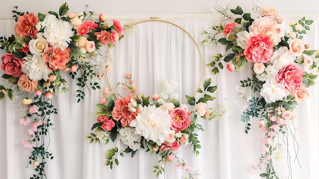 Photo a beautiful floral arrangement with a gold hoop and white drapes perfect for a wedding or special event