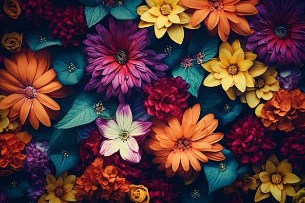 Beautiful floral background panorama landscape of leaves colorful flowers and berries