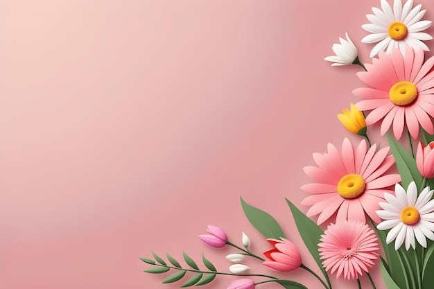 Photo beautiful floral background with daisies and tulips place for text spring banner