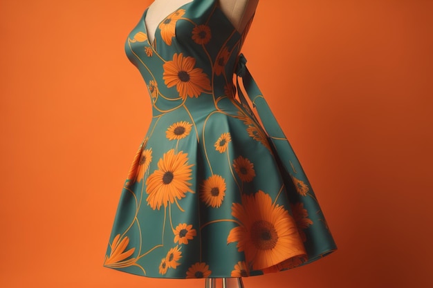 Beautiful floral dress on mannequin on orange background closeup generative ai