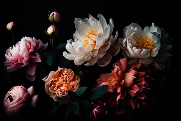 Beautiful Floral Enchantment Peonies Roses and More Against a Pitch Black Background